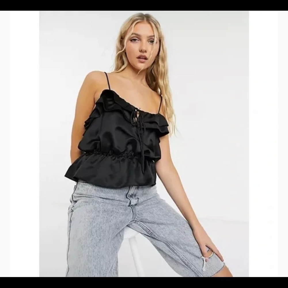 Topshop black ruffle detail satin cami tank